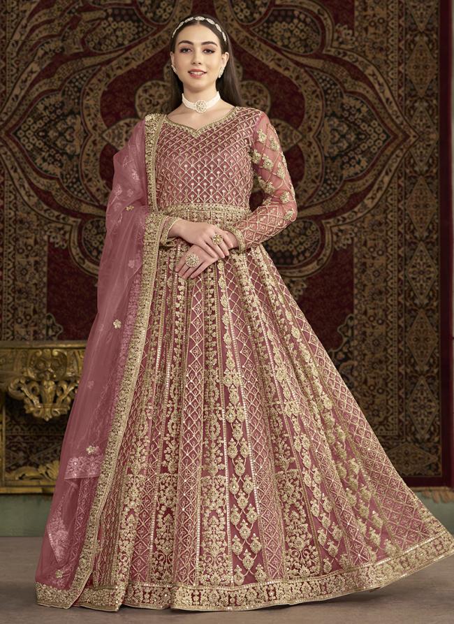 Net Pink Wedding Wear Embroidery Work Anarkali Suit